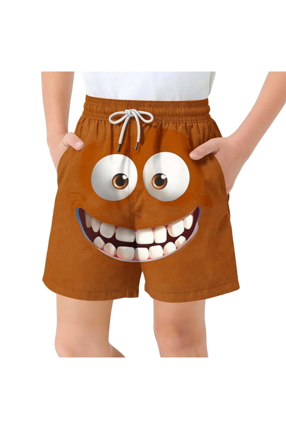 Boys' Angry Face Print Swim Trunks, Quick-Dry Elastic Waist Board Shorts with Pockets for Kids, 3-12 Years Orange 10-11 Years