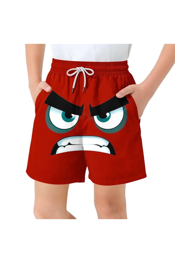 Boys' Angry Face Print Swim Trunks, Quick-Dry Elastic Waist Board Shorts with Pockets for Kids, 3-12 Years Red 10-11 Years