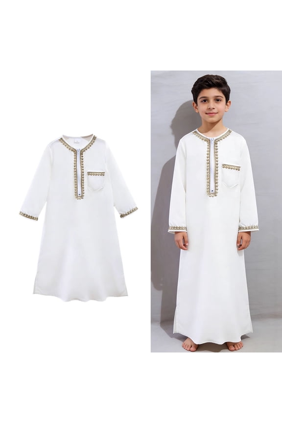 Boys Arabic Thobe Long Sleeve Zipper Embroidered Thobe Ramadan Outfit Boys 6-7 Years Clothes