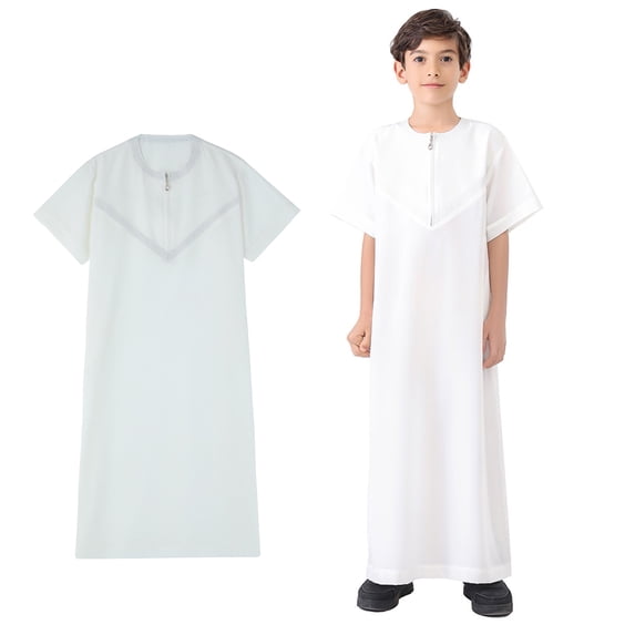 Thobe for Kids Short Sleeve Zipper White Long Thobe Ramadan Clothes 7-8 Years Boys Clothes