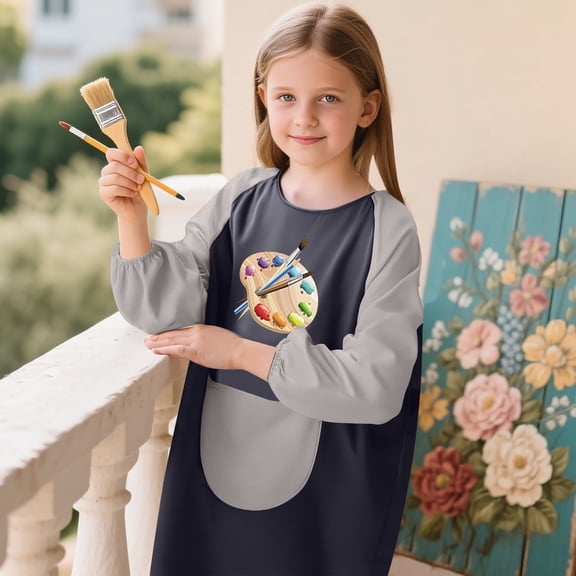 Boys Art Smocks Long Sleeve Crewneck Cute Cartoon Tees with Pockets Anti- Loose Casual Painting Apron Kids Aprons Size 2-4Y