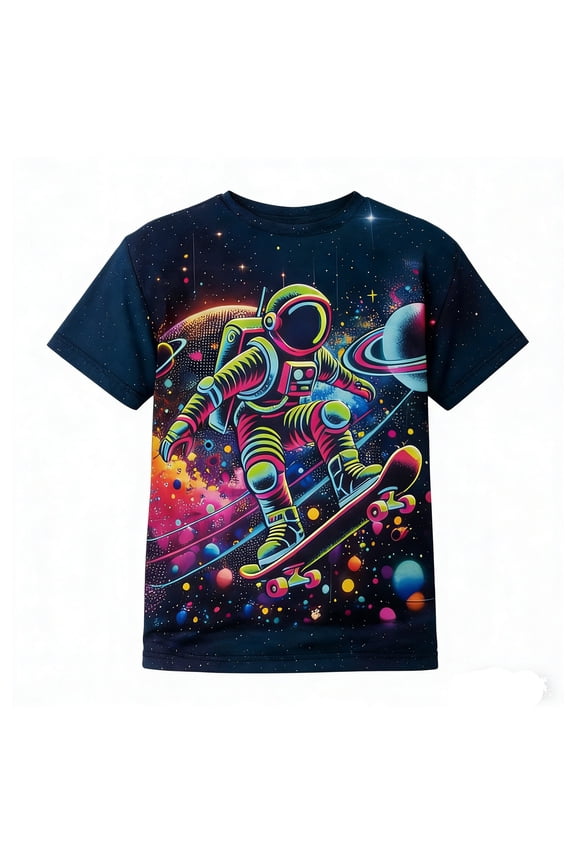 Boys' Astronaut Space Print T Shirt Crew Neck Short Sleeve Base Layer Top Dark Blue 13 Y