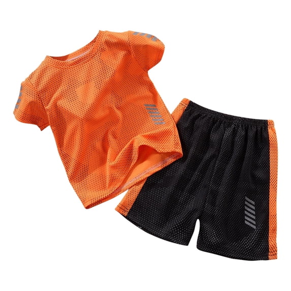 Boys Athletic 2-Piece Outfit Breathable Mesh Crew Neck T-Shirt & Elastic Waist Shorts Set Quick-Dry Casual Workout Set