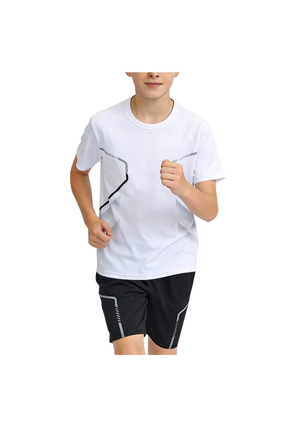 Boys Athletic 2 Piece Set Quick Dry Short Sleeve T-Shirt and Shorts Moisture Wicking Active Sportswear Outfits White 12-16 Years,Size 12-13 T