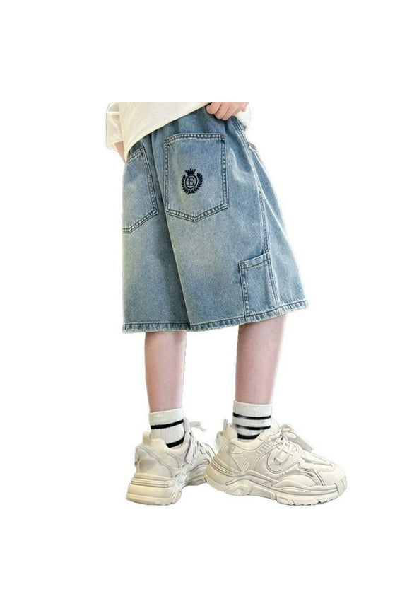 Boys Athletic Cargo Shorts Casual Straight Leg Denim Jorts Summer Elastic Waist Playground Outdoor Active Comfortable Stretchable Youth Kids