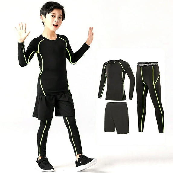 Boys Athletic Compression Base Layer Set Thermal Underwear Running Shirts and Leggings Active Sportswear Outfit