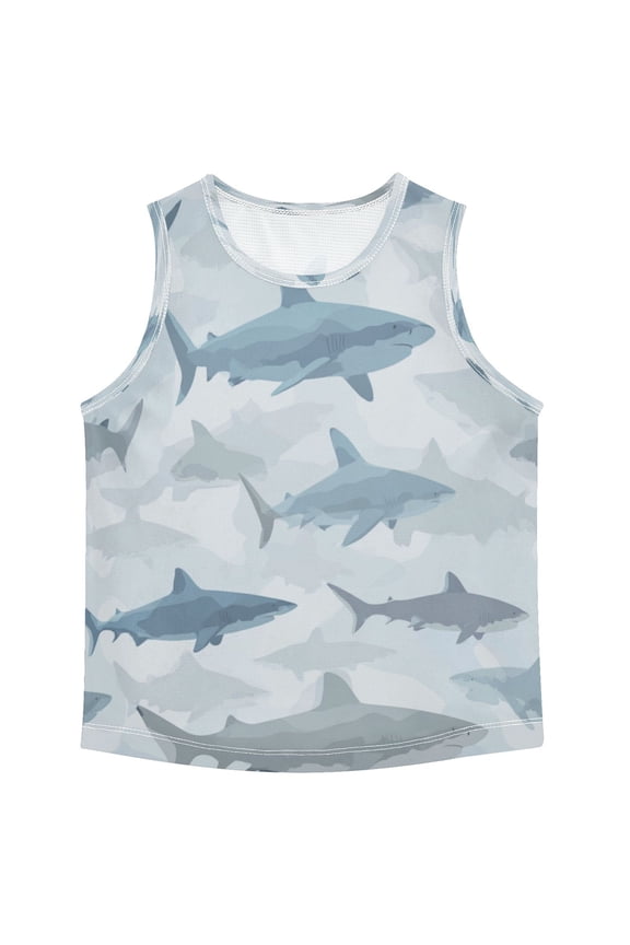Boys Athletic Quick Dry Tank Tops Boys' Sleeveless T-Shirts Kids Running Vest Blue and Gray Sharks Pattern 7-8T
