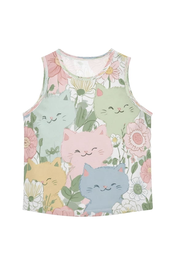 Boys Athletic Quick Dry Tank Tops Boys' Sleeveless T-Shirts Kids Running Vest Pastel-colored Cats and Flowers 6T