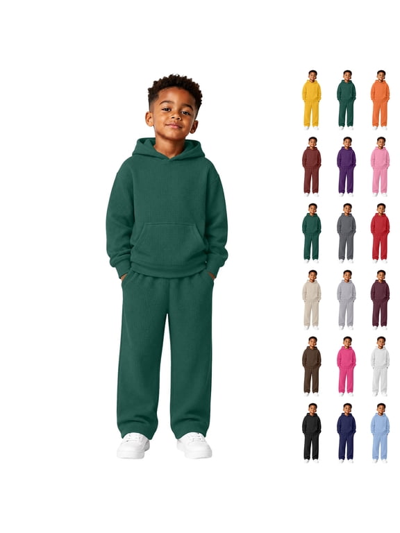 Boys Athletic Sets Lightweight Long Sleeve Waffle Hoodie Casual Pullover Sweatshirts with Sweatpants Sets Winter Outfits Boys Clothes Size 4-12 Years