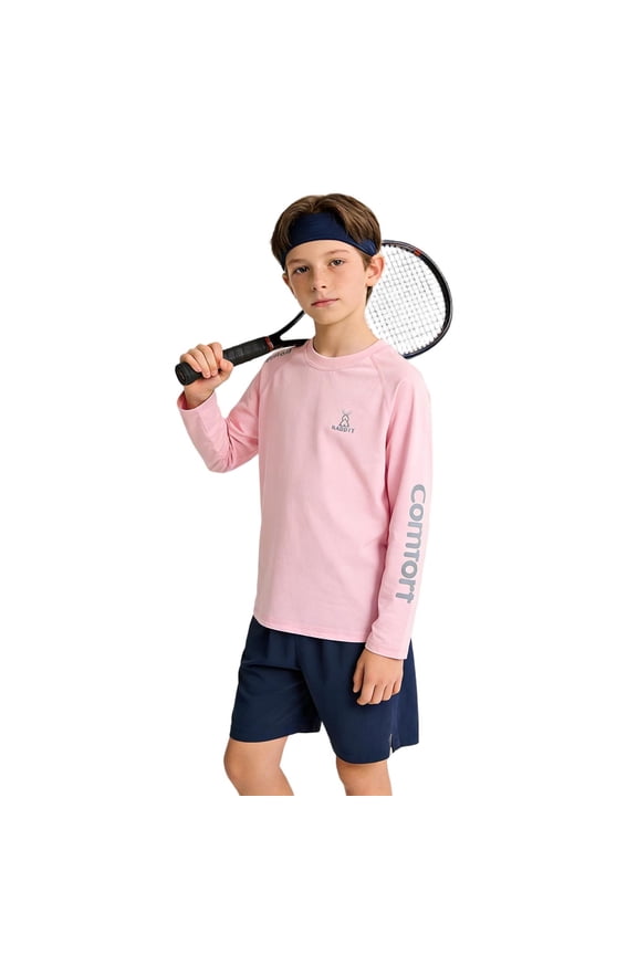 Boys' Athletic Shirts Long Sleeve Quick Dry Undershirt Base Layer Baseball Soccer Tennis Sports Tees for Kids (7-8 Years, Pink)