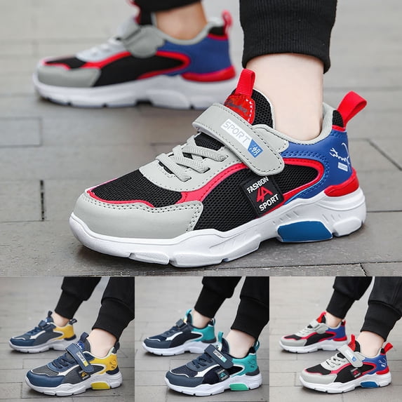 Boys Athletic Shoes Kids Mesh Breathable Sneakers Hook and Loop Strap Cushioned Sole Lightweight Running Shoes