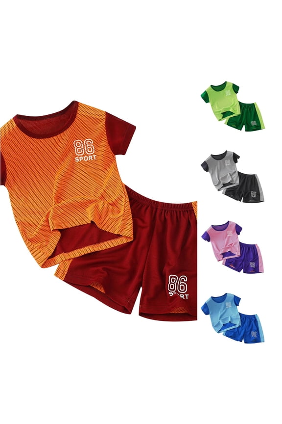 Boys Athletic Shorts Set Kids Quick Dry 2 Piece Red Short-Sleeve T- Shirt and Active Shorts Set Performance Gym Summer Outfits Basketball Football Sets 2T