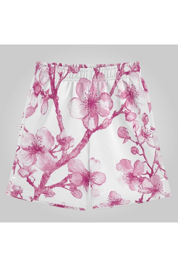 Boys' Athletic Shorts - Thick Polyester, Loose Fit, Full Print - Casual, Streetwear，Cherry Blossom