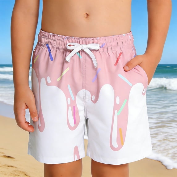 Boys Athletic Shorts with Ice Cream Boy Baseball Shorts Breathable Comfort Stretch Waistband for Play and Casual Wear(Light Pink,7-8 Years)