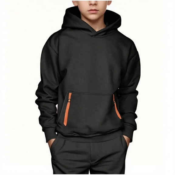 Boys Athletic Sweatshirts Long Sleeve Fleece Hoodie Thick Fashion Plain Hooded Pullover For Teens 4-15Years