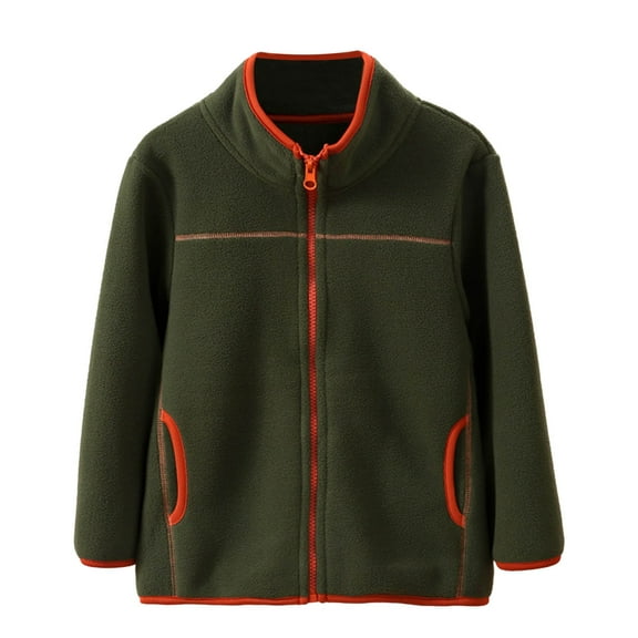 Boys Autumn Winter Warm Jacket Stand Collar Zipper Pockets Outerwear for Men and Women Olive Green with Orange Trim