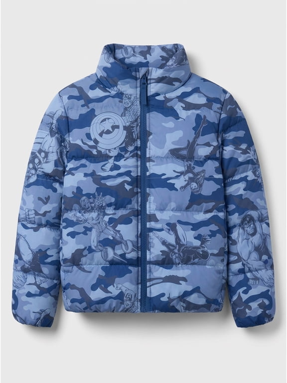 Boys’ Avengers Camo Print Puffer Jacket, Light Blue, Sizes XS–XL
