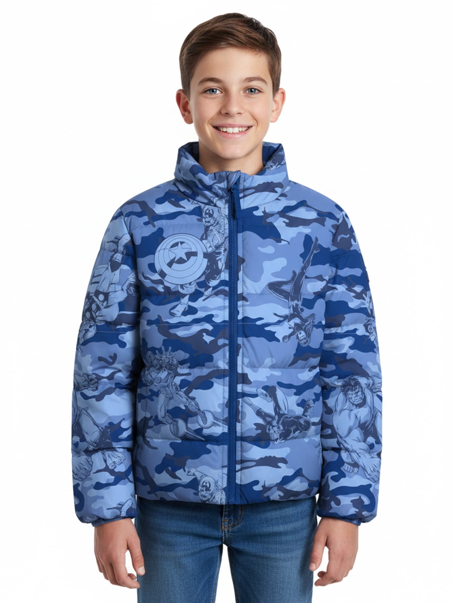 Boys’ Avengers Camo Print Puffer Jacket, Light Blue, Sizes XS–XL