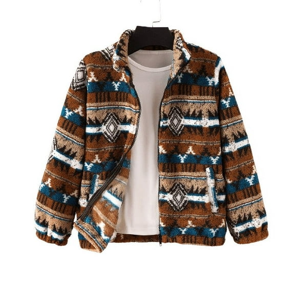 Boys' Aztec-Inspired Fleece Jacket with Stand Collar - Warm, Zip-Up Coat for Fall/Winter