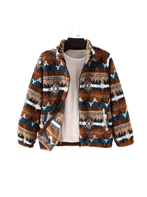 Boys' Aztec-Inspired Fleece Jacket with Stand Collar - Warm, Zip-Up Coat for Fall/Winter