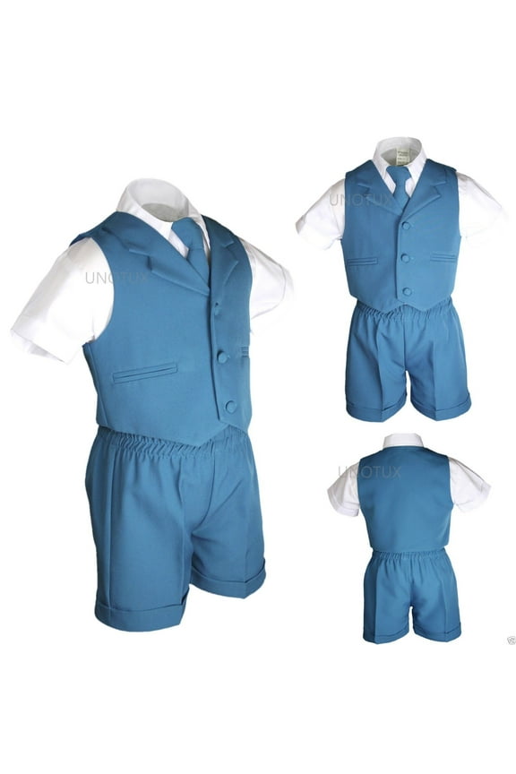 Boys Baby Toddler Formal Wedding Teal Turquoise Aqua Vest Sets Shorts Suits S-4T