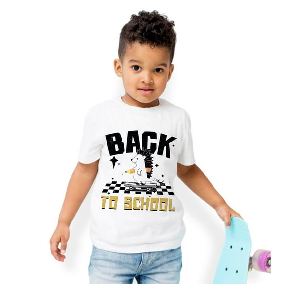 Boys' "Back to School" Hedgehog Skateboard Graphic T-Shirt – White, 100% Cotton, Short Sleeve Tee