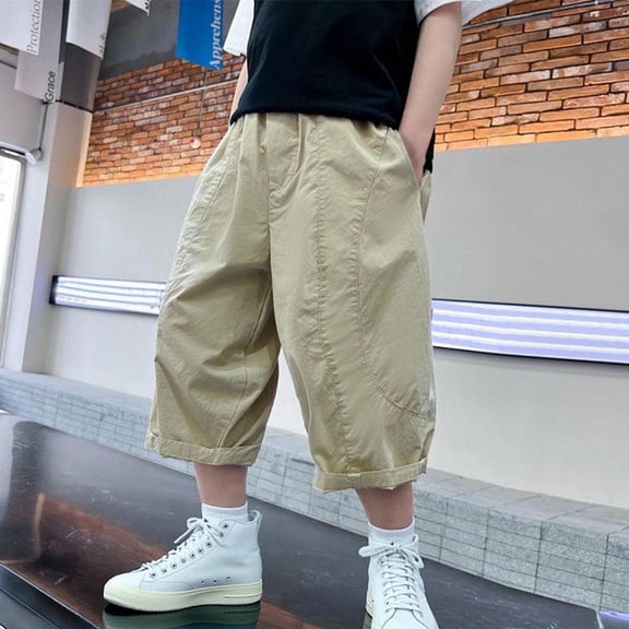 Boys Baggy Capris Wide Leg Elastic Waist Loose Summer Cargo Shorts with Pockets for Kids 4-14 Years