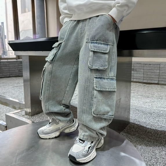 Boys Baggy Cargo Jeans Elastic High Waist Hop Pants Vintage Jeans for Teens (Light Blue 13-14 Years)