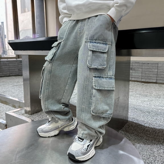 Boys Baggy Cargo Jeans Elastic High Waist Hop Pants Vintage Jeans for Teens (Light Blue 13-14 Years)