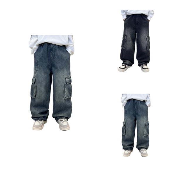 Boys Baggy Cargo Jeans, Elastic Waistband Multiple Pockets, Wide Leg Denim Trousers for Active Kids Age 6-13