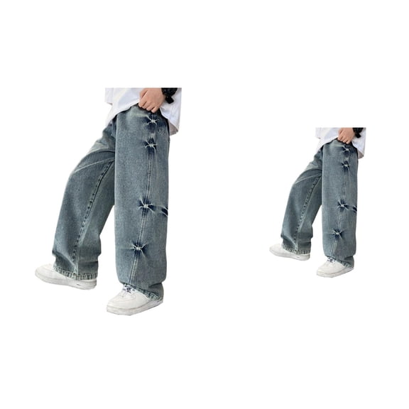 Boys' Baggy Cargo Jeans, Relaxed Fit Elastic Waist Denim Trousers with Pockets, Wide Leg Kids Denim Pants for 5-14 Years