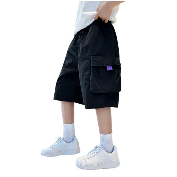 Boys Baggy Cargo Pants Loose Cotton Casual Capris Flap Pocket Hiking Wide Leg Sport Long Shorts 4 Years, Black