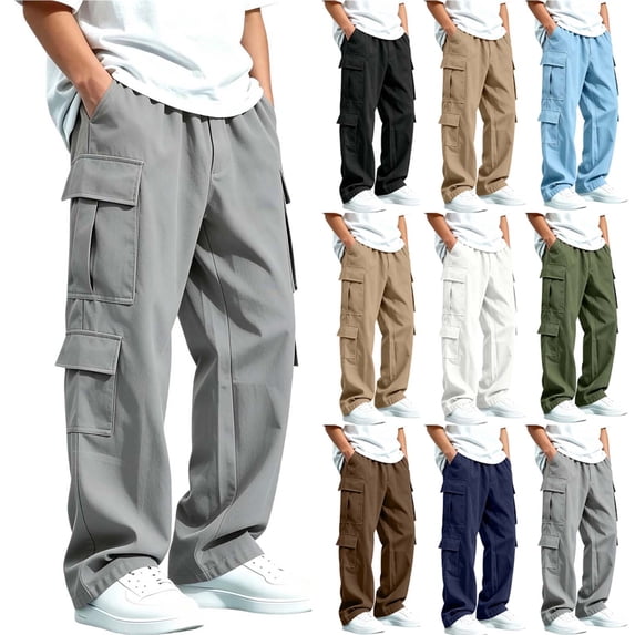 Boys Baggy Cargo Pants with Multiple Pockets Drawstring Elastic Waist Utility Outdoor Hiking Pants for School Daily Wear (Ages 5-15 Years)