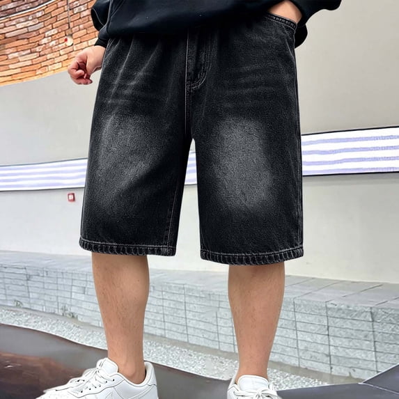 Boys Baggy Jean Shorts Loose Vintage Wide Leg Jorts Y2K Streetwear Denim Shorts Boys Bermuda Jean Shorts with Pokcets (Black)