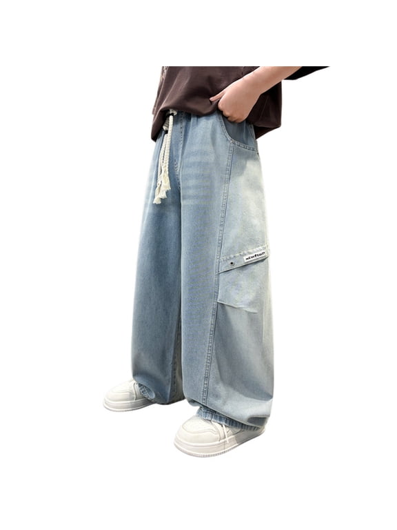 Boys Baggy Jeans Black Elastic Waistband Pull on Wide Leg Jeans Regular Fit Stretchy Soft Casual Pants Boys Back To School Clothes