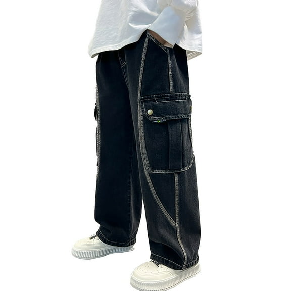 Boys Baggy Jeans Black Jeans Elastic High Waist Elastic Waist Wide Leg Casual Washed Denim Pants Boys Clothes Size 4-5 Years