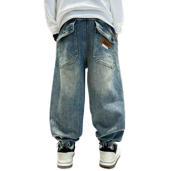 Boys Denim Pants Cargo Joggers Stretch Elastic Waist with Pocket Loose Fit Casual Boys Pants 8-10 Years Boys Fashion