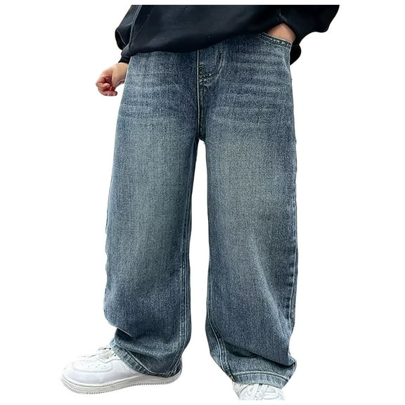 Boys Baggy Jeans Kids Casual Straight Leg Loose Fit Denim Pants with Pockets 5-14 Years Toddler Cargo Denim Pants Elastic Waist Boy Pants