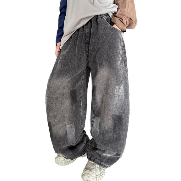 Boys Baggy Jeans Straight Wide Leg Cargo Bottom Casual Elastic Waist Loose Fit Denim Pants Y2K Streetwear with Pockets (B-Grey, 7-8 Years)