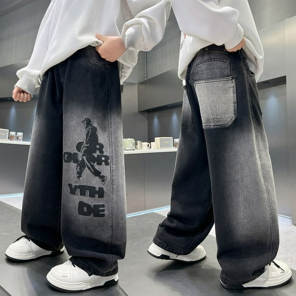 Boys Baggy Jeans Streetwear Y2k Loose Fit Denim Pants Loose Fit Trousers for Men Women Y2k Skater Vintage Plain Pants,F-Black 140