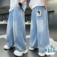 thumbnail image 1 of Boys Baggy Jeans Stretchy Straight Leg Casual Denim Pants Breathable Elastic Long Trousers Boys Streetwear 7-8 Years, 1 of 4