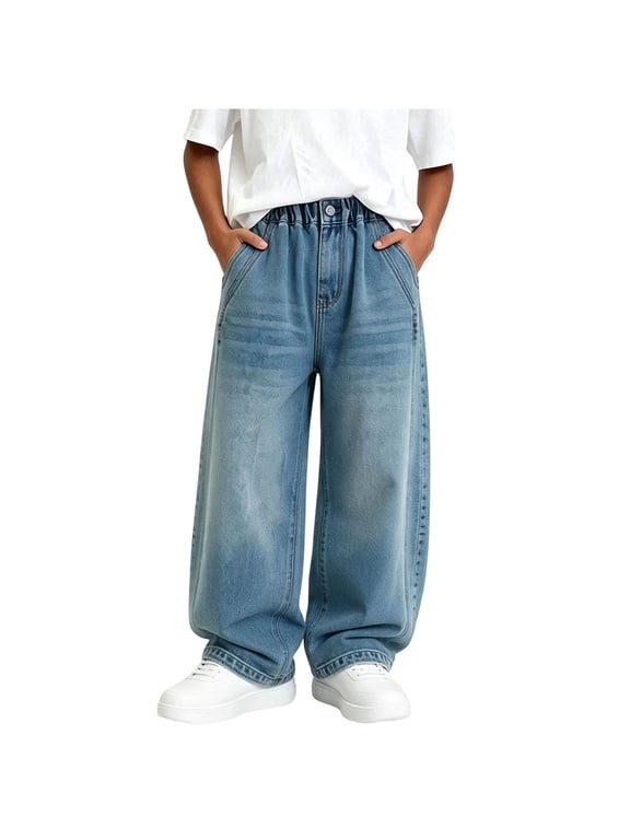 Boys Baggy Jeans Wide Leg Denim Pants Elastic Waist Loose Fit Straight Leg Trousers with Embroidery Pockets Washed Gradient Kids Streetwear for School Daily Wear (Ages 5-14 Years)