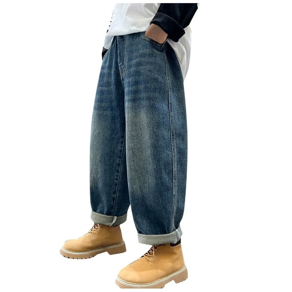 Boys Baggy Jeans Winter Fleece Lined Denim Pants Elastic Waist Loose Casual Wide Leg Trousers with Pocket Tween Girls Outfits, Blue, 5 Years