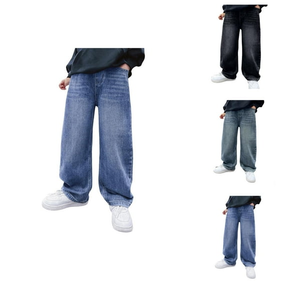Boys Baggy Jeans Y2k Skater Vintage Plain Pants Casual Wide Leg Loose Fit Denim Hop Jean