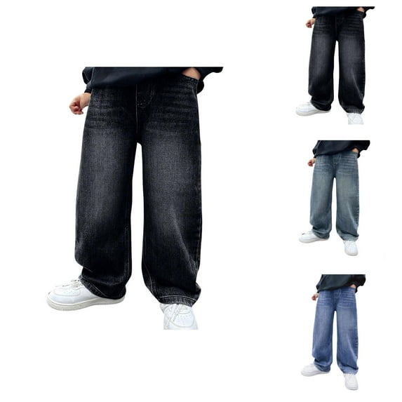 Boys Baggy Jeans Y2k Skater Vintage Plain Pants Casual Wide Leg Loose Fit Denim Hop Jean