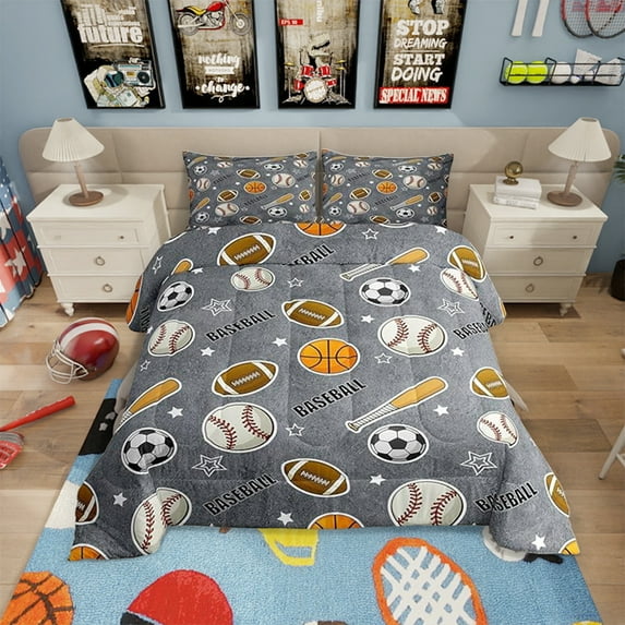 Ball Sports Themed Comforter Set King Size Baseball Bat Soccer and American Football Bedding Set Teens Cartoon Grey Quilt Set Ball Sports Games Duvet Insert Modern Bedroom Decor