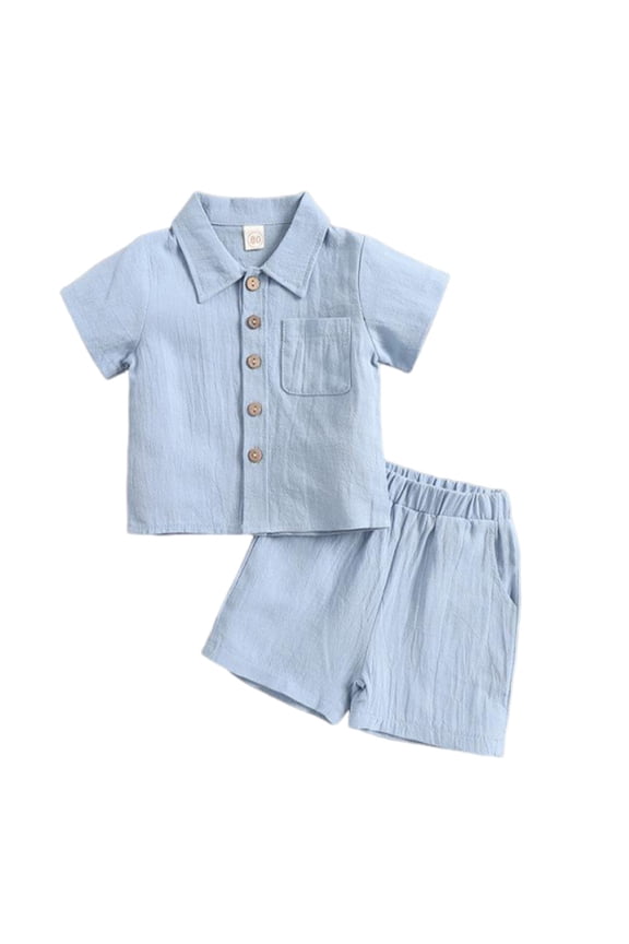 Boys Baptism Outfit Button-Down Shirt Tops + Cotton Linen Shorts Summer Outfit 2PCS with Pockets