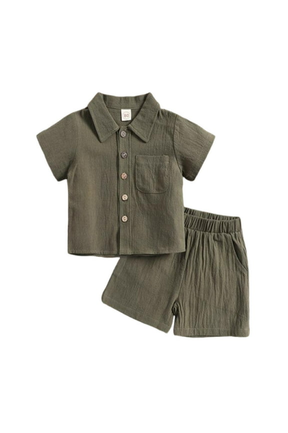 Boys Baptism Outfit Button-Down Shirt Tops + Cotton Linen Shorts Summer Outfit 2PCS with Pockets
