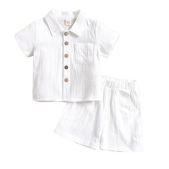 Boys Baptism Outfit Button-Down Shirt Tops + Cotton Linen Shorts Summer Outfit 2PCS with Pockets
