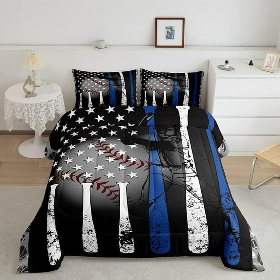 Boys Baseball Bedding Set King,Grunge Style Baseball Bat Basketball Softball Comforter Set for Kids Bedroom Decor,American Flag Stars Quilted Duvet,Ball Sports Game Down Comforter Warm,White Blue
